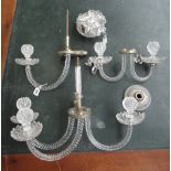 A pair of five branch wall lights with baguette and pear shaped drops and prism finials, 70cm high.