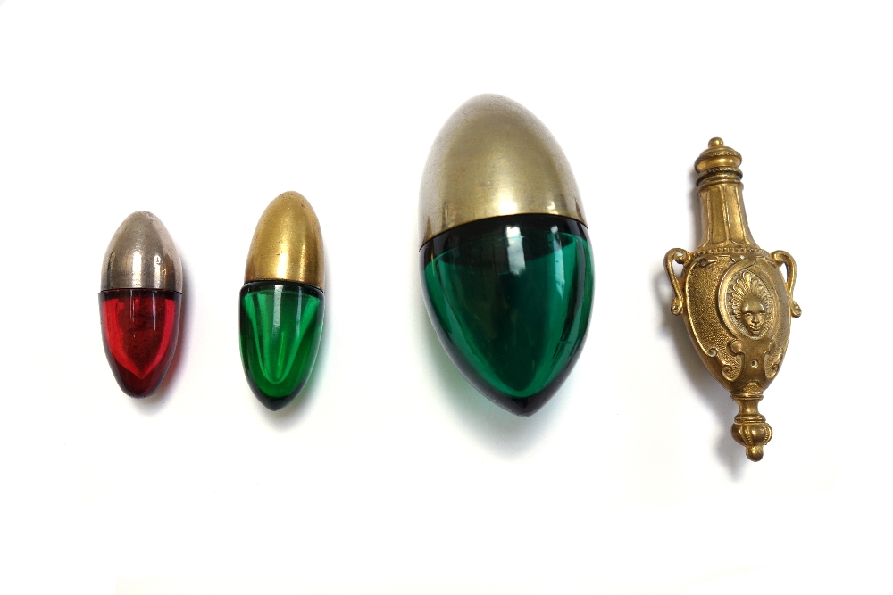 Three coloured glass and metal mounted scent bottles, early 20th century, of egg form, - Image 3 of 3