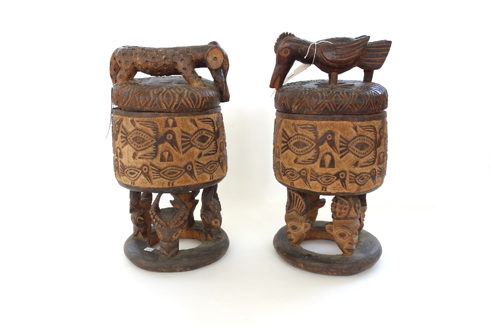 A pair of carved wooden covered pots, Grasslands style, Cameroon,