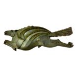 An Art Deco green patinated bronze wall plaque, modelled and cast as a winged flying horse,