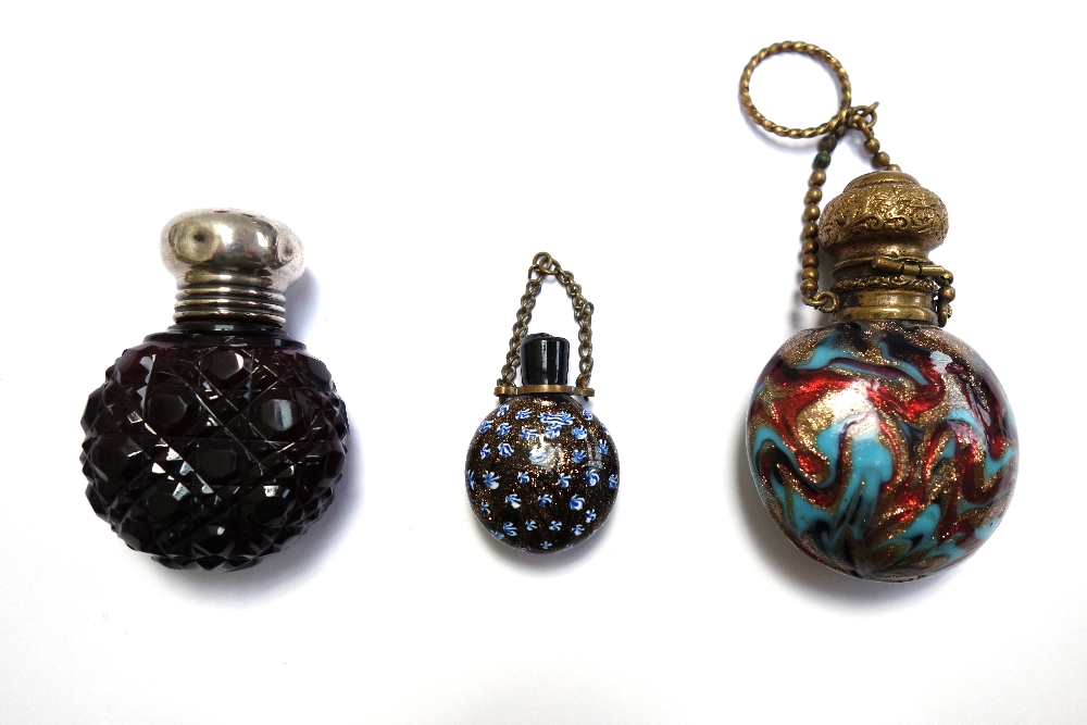 Three coloured glass and metal mounted scent bottles, early 20th century, of egg form, - Image 2 of 3