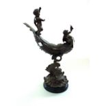 A patinated bronze dolphin centrepiece, probably French, late 19th century,