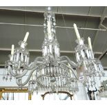 A ten branch cut glass chandelier, with baguette frieze and prism drops, 107cm high x 81cm diam.