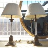 A pair of brass and glass mounted table lamps, 20th century, each of corinthian column form,