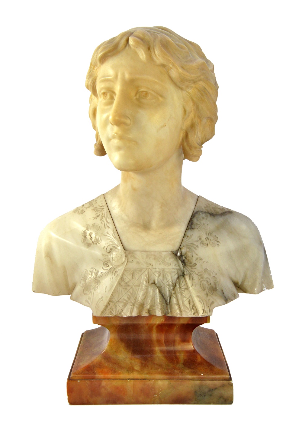 A white marble bust of a young woman, circa 1920, on a variegated marble base, unsigned,