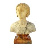 A white marble bust of a young woman, circa 1920, on a variegated marble base, unsigned,