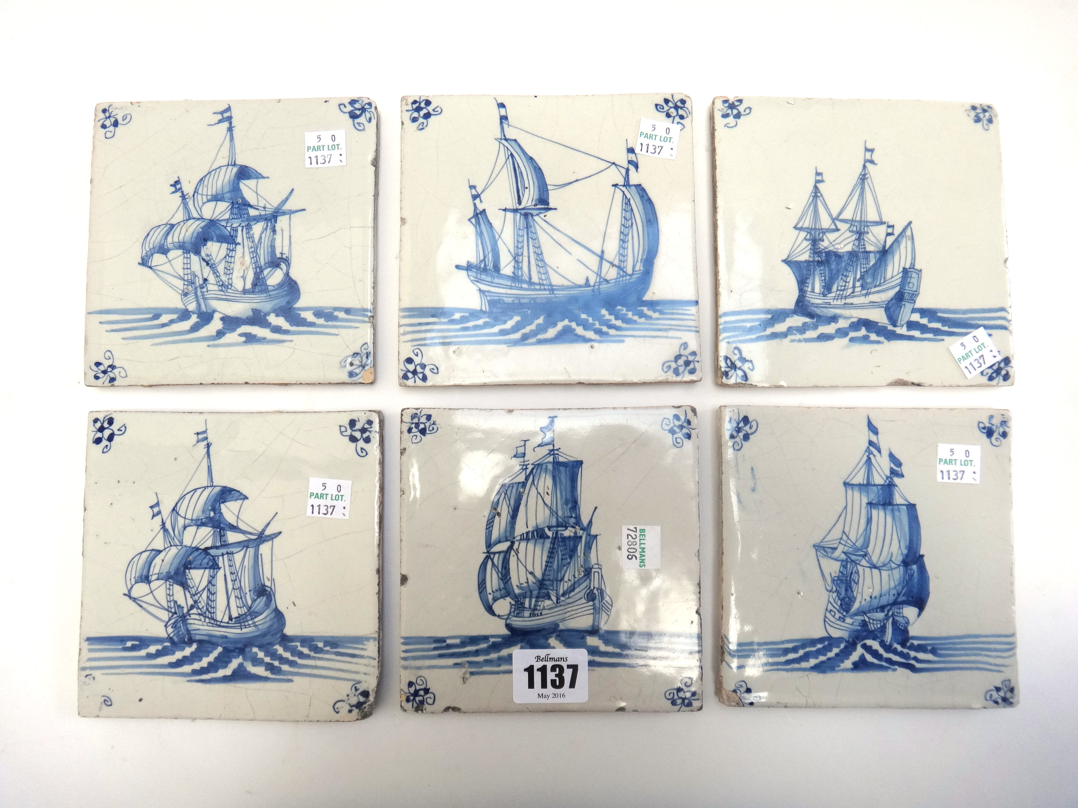 A set of six Dutch Delft blue and white tiles, 18th century,