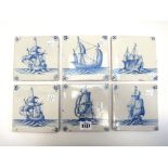 A set of six Dutch Delft blue and white tiles, 18th century,