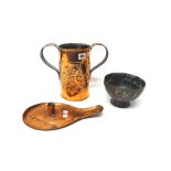 Three copper pieces, early 20th century, comprising; a twin-handled vessel by Keswick,