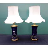A pair of Bristol blue glass table lamps, 20th century, with gilt brass mounts,
