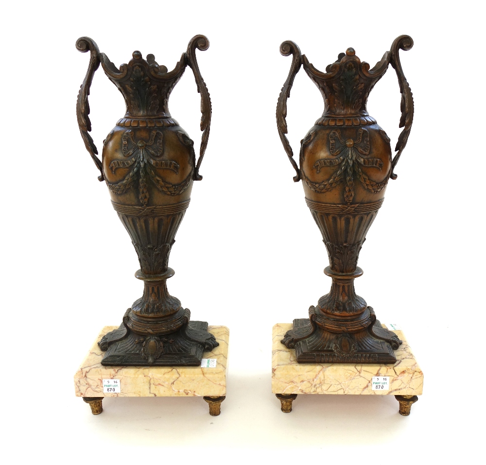 A pair of cornucopia shaped yellow glass vases, with bronze glove finials on alabaster plinths, 12. - Image 4 of 4