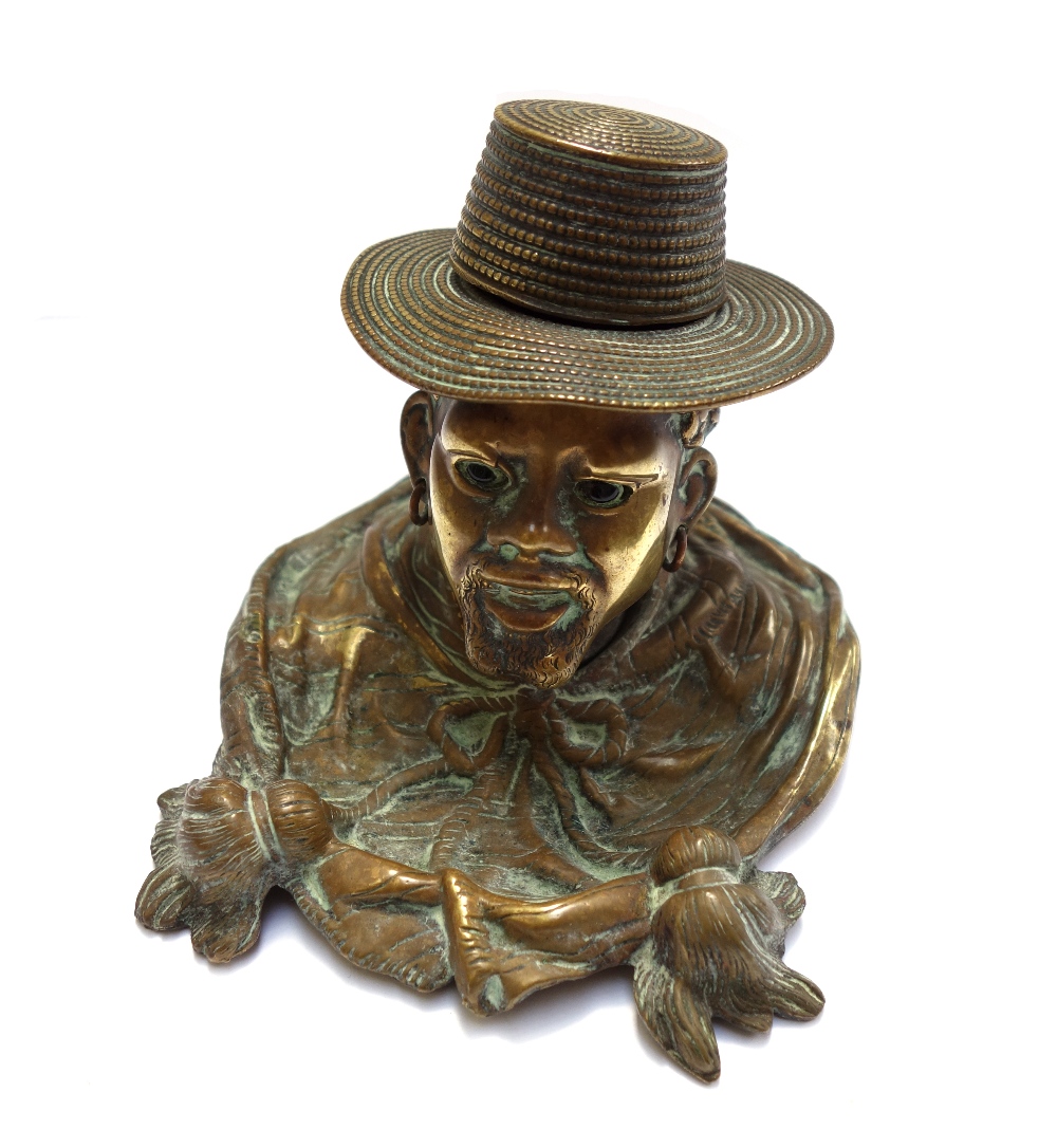 A Victorian brass novelty inkwell modelled and cast as the head of a Nubian male,