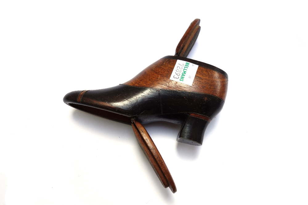 A Victorian mahogany and ebonised novelty snuff box modelled as a heeled shoe, - Image 2 of 2