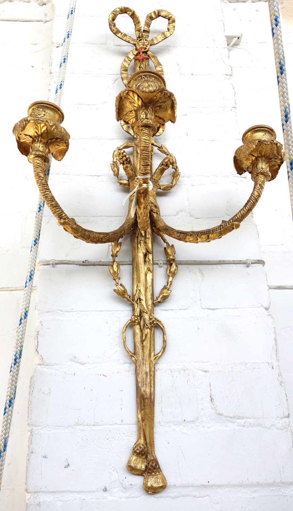 A pair of gilt three branch wall lights, with triple candle branches, - Image 2 of 2