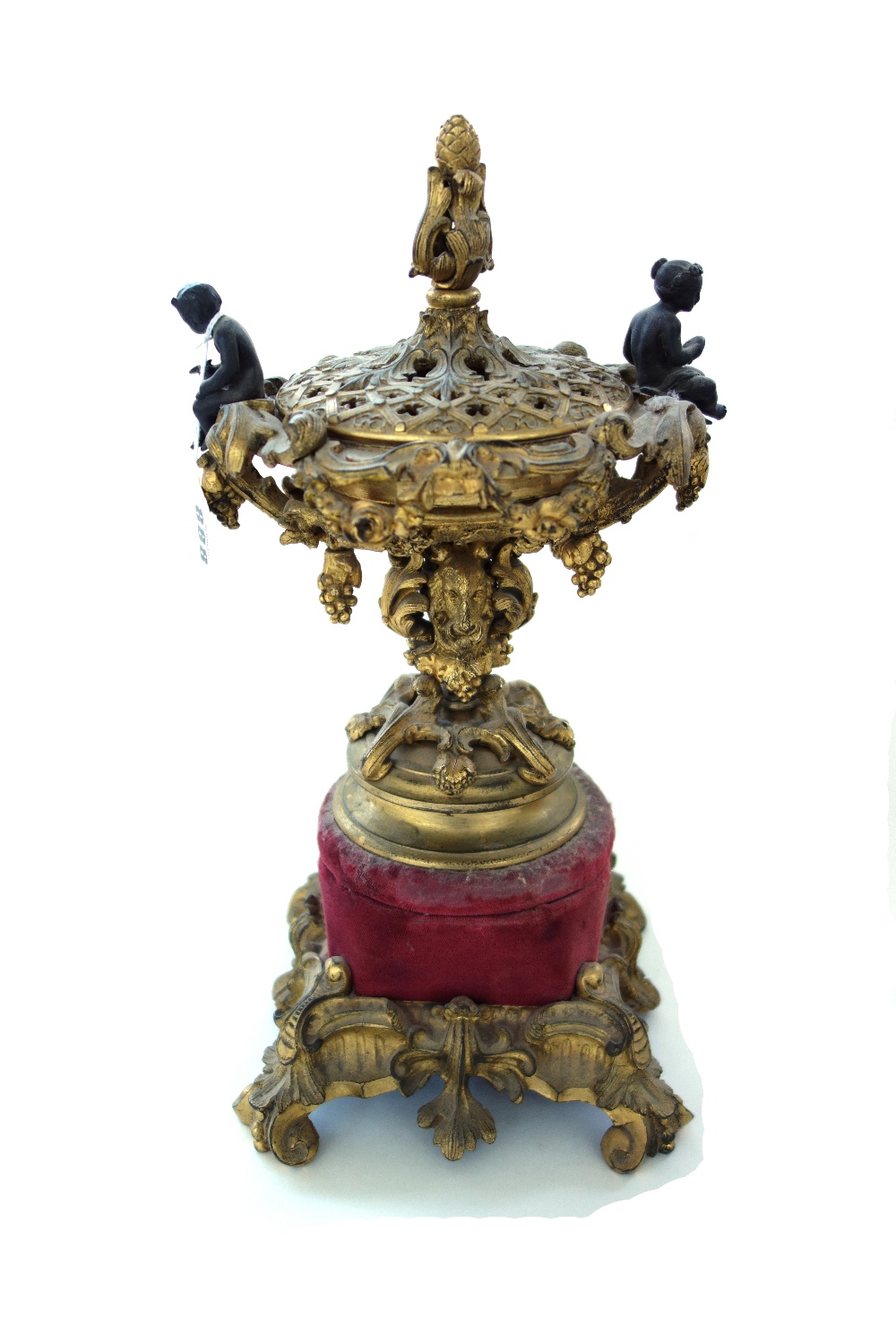 A French gilt bronze urn and cover, late 19th century, with foliate surmount and figural handles, - Image 3 of 3