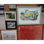 A group of 20th century pictures and prints, including a modern print, indistinctly signed,