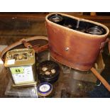 A group of collectables, including a brass cased carriage clock, binoculars,