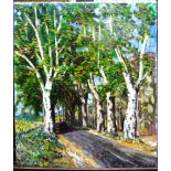 Continental School (20th century), A tree lined road, oil on canvas, unframed.