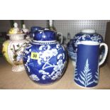 A quantity of ceramics including blue and white ginger jars, Jasperware jugs, bowls,