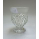 A Lalique clear and frosted glass footed vase, post-war, moulded with leaves, etched Lalique France,