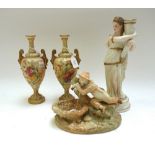 A Royal Worcester 'Kate Greenaway' figure, circa 1894, modelled as a kneeling boy playing a pipe,