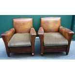 A pair of early 20th century French brown leather upholstered easy armchairs,