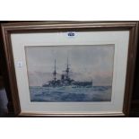 Frank Watson Wood (1862-1953), Warship, watercolour, signed and dated 1908, 25cm x 36cm.