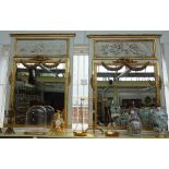 A pair of 18th century French style, grey painted parcel gilt wall mirrors,