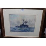 Frank Watson Wood (1862-1953), British Warship, watercolour, signed and dated 1905, 22.5cm x 32cm.