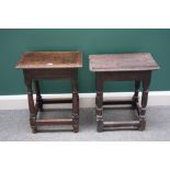 A 17th century carved oak joint stool, on turned supports, united by a perimeter stretcher,