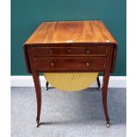 A George III inlaid mahogany writing/work table, the drop flap top with a pair of frieze drawers,