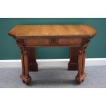 A pair of adapted late 19th century walnut console tables with canted rectangular tops,