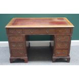 A 19th century mahogany pedestal desk with nine drawers about the knee, on bracket feet, 121cm wide.