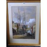 John Skinner Prout (1806-1878), A French Cathedral town, watercolour, 52cm x 36cm.