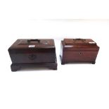 An 18th century oak rectangular three division tea caddy, on bracket feet, 28cm wide,