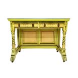 A green painted Gothic Revival side table, with pair of frieze drawers on turned supports,