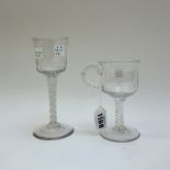 An opaque twist wine glass, circa 1760, with moulded bucket bowl and wide foot, 16cm,