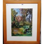 Hans Feibusch (1898-1998), Wooded scene, gouache, signed with initials and dated '85, 49cm x 36cm.