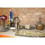 A group of metalware collectables, including a brass tray, a copper kettle, an oil lamp,