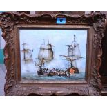 M** E** R** (20th century), A Naval engagement, oil on board, indistinctly signed.