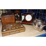 A group of collectables including three mantel clocks, a carved wooden box, an inlaid box,