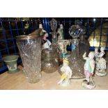 A group of cut glass and ceramics including decanters, green Jasper wares,