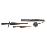 Two 19th century French bayonets, a mace with wooden handle, an 18th century steel spear head, 42.