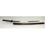 A Japanese katana, late 19th century, with polished steel blade 74cm, circular pierced iron tsuba,