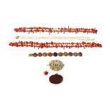Two single row necklaces, of coral beads and branch corals, one coral earring,