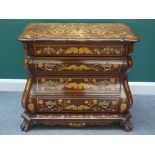 An 18th century Dutch style marquetry inlaid walnut bombe commode of four long drawers,