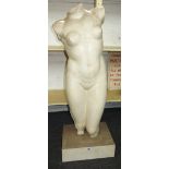 A modern plaster torso, white painted on a rectangular plinth, 107cm high.