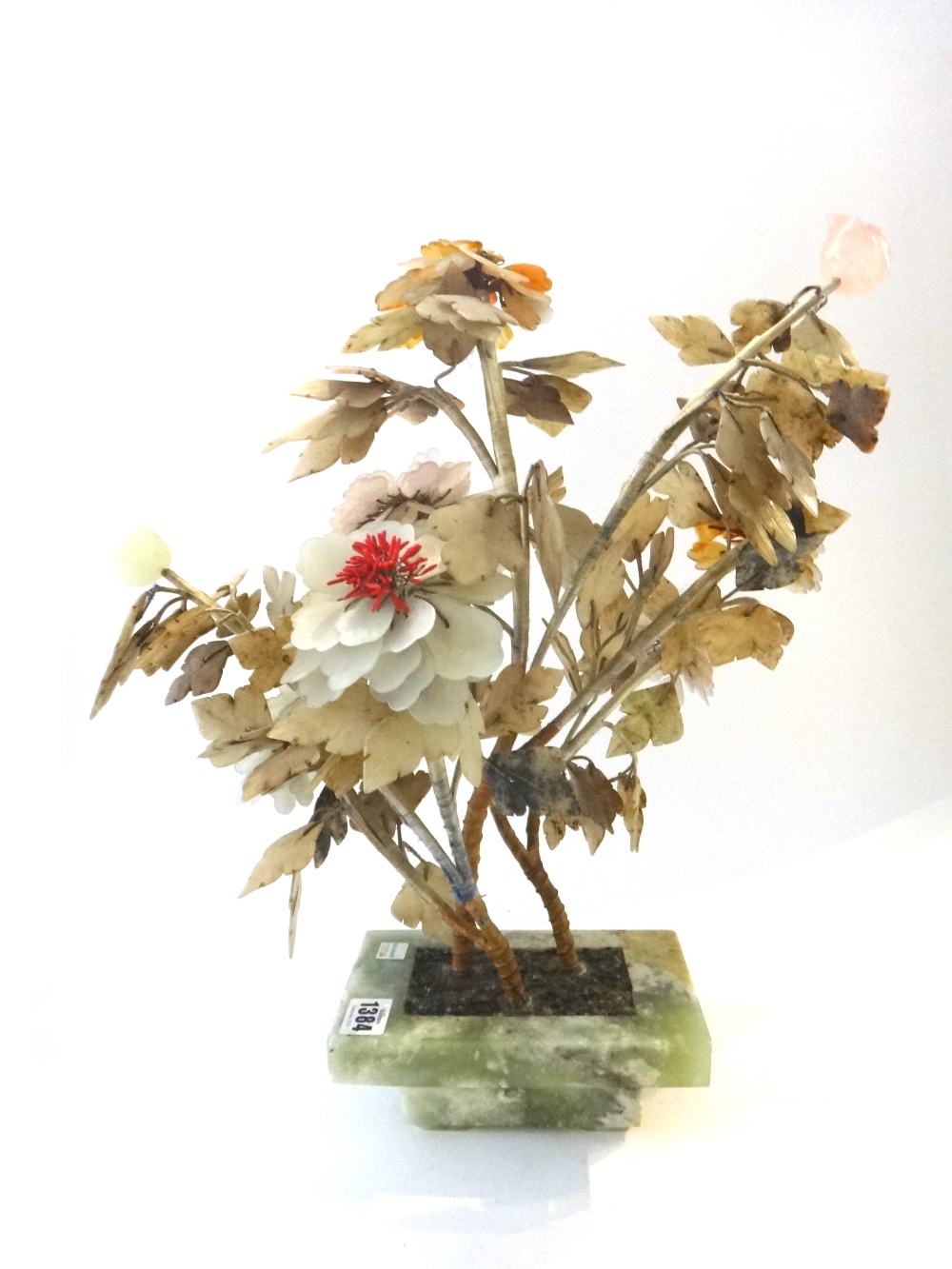 A Chinese hardstone model of a flowering tree, circa 1900, in a stepped rectangular jardinière, - Image 7 of 7