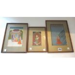 A group of three Indian miniature paintings, 20th century, figure subjects, largest 22cm. by 14cm.