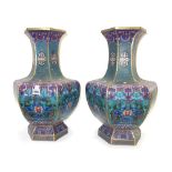 A pair of modern Chinese champlevé vases of hexagonal baluster form, 53cm high.